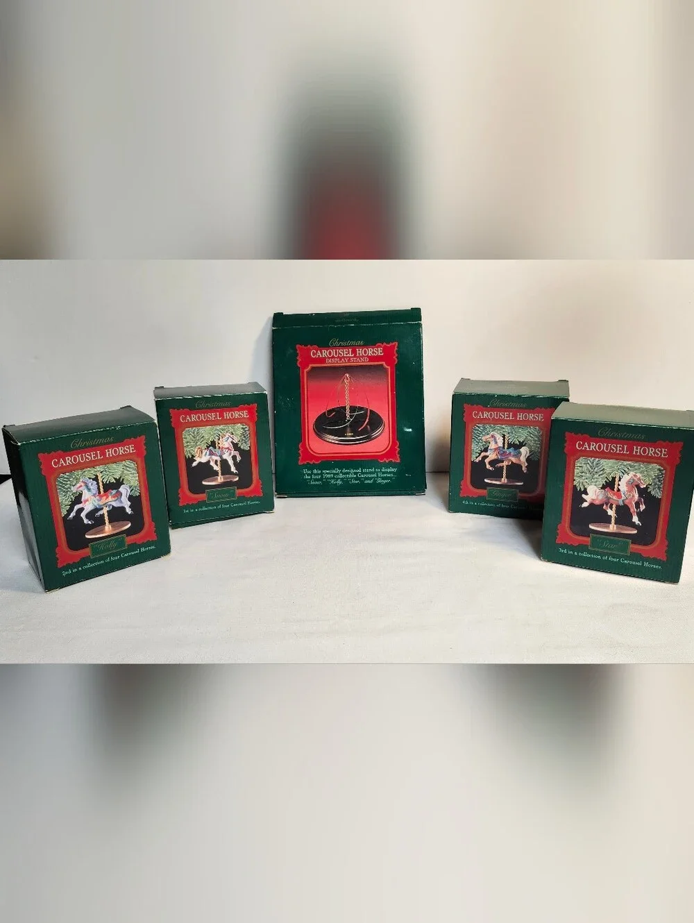 1989 Halmark Holiday Carousel Horse Ornament Set - Green & Multicolor